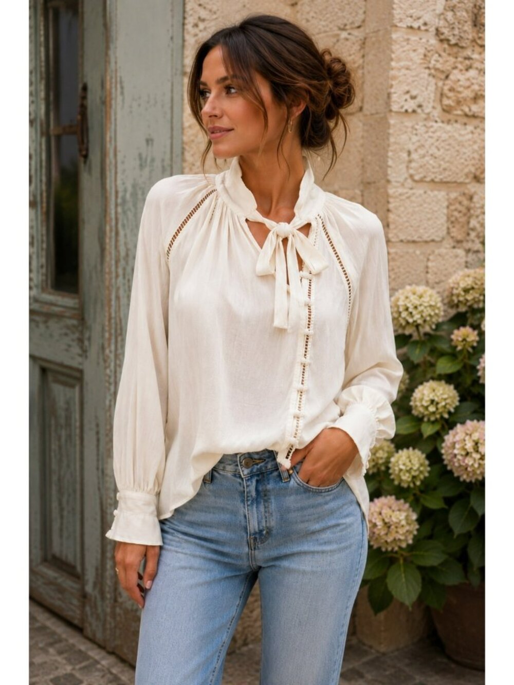 Free People Ivory High Neck Button Front Blouse With Tie Detail Womens Medium